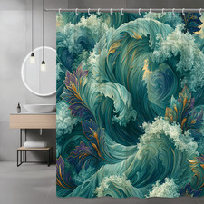 Teal Abstract Wave Floral Shower Curtain, Blue Green Swirl Print — custom printed polyester bath curtain