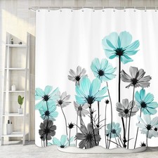 Teal Shower Curtain Rustic Elegant Floral Turquoise And Gray Daisy Flower Bathro — custom printed polyester bath curtain