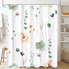 Sage Green Beige Watercolor Floral Fabric Shower Curtain 72x72 Waterproof Fabric — custom printed polyester bath curtain