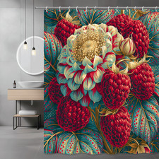 Floral Shower Curtain Red Teal Gold Botanical Print — custom printed polyester bath curtain