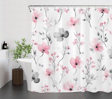 Rustic Watercolor Gray Leaves Pink Floral Shower Curtain Set for Bathroom Decor — custom printed polyester bath curtain