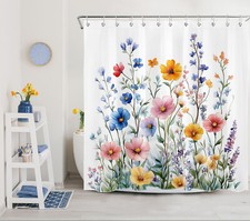 Spring Green Leaf Pink and Blue Wildflower Shower Curtain Set for Bathroom Decor — custom printed polyester bath curtain