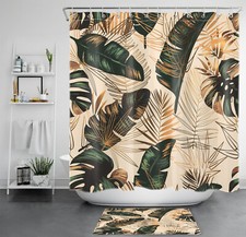 Green Monstera Gold Palm Leaf Beige Shower Curtain Bathroom Accessories Set — custom printed polyester bath curtain