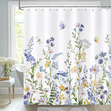 Yellow Floral Shower Curtain, Blue White Daisy Wildflower Butterfly Spring Bathr — custom printed polyester bath curtain