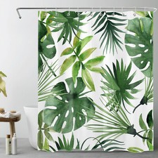 Nature Tropical Plant Green Palm Leaf Shower Curtain Bathroom Accessories Set — custom printed polyester bath curtain