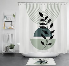 Plant Leaf Mid Century Minimalist Green Shower Curtain Bathroom Accessories Set — custom printed polyester bath curtain