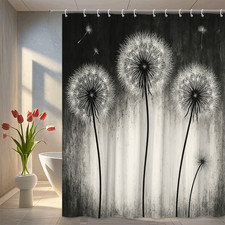 Black and White Dandelion Shower Curtain - Elegant Floral Design — custom printed polyester bath curtain
