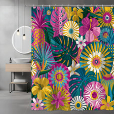 Tropical Floral Shower Curtain Colorful Jungle Leaves and Flowers — custom printed polyester bath curtain