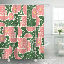 Boho Abstract Colorful Floral Shower Curtain, Vintage Retro Patchwork Pink Green — custom printed polyester bath curtain