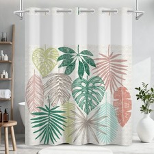 No Hook Tropical Leaf Shower Curtain with Snap in Liner Hotel Waterproof Fabric — custom printed polyester bath curtain