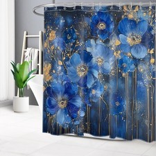 Watercolor Plant Gold Leaves Blue Floral Shower Curtain Set for Bathroom Decor — custom printed polyester bath curtain