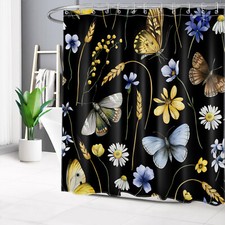 Blue Butterfly Daisy Gold Wheat on Black Shower Curtain Set for Bathroom Decor — custom printed polyester bath curtain