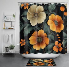 Country Green Leaf Orange Floral Black Shower Curtain Set for Bathroom Decor — custom printed polyester bath curtain