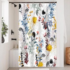 Floral Shower Curtain Set 48x72 Inch Yellow Blue Wild Flower Waterproof Hooks — custom printed polyester bath curtain