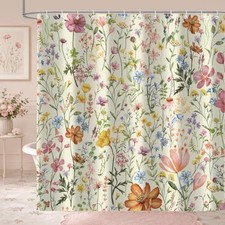 Watercolor Floral Shower Curtain, Colorful Vintage Botanical Wildflower — custom printed polyester bath curtain