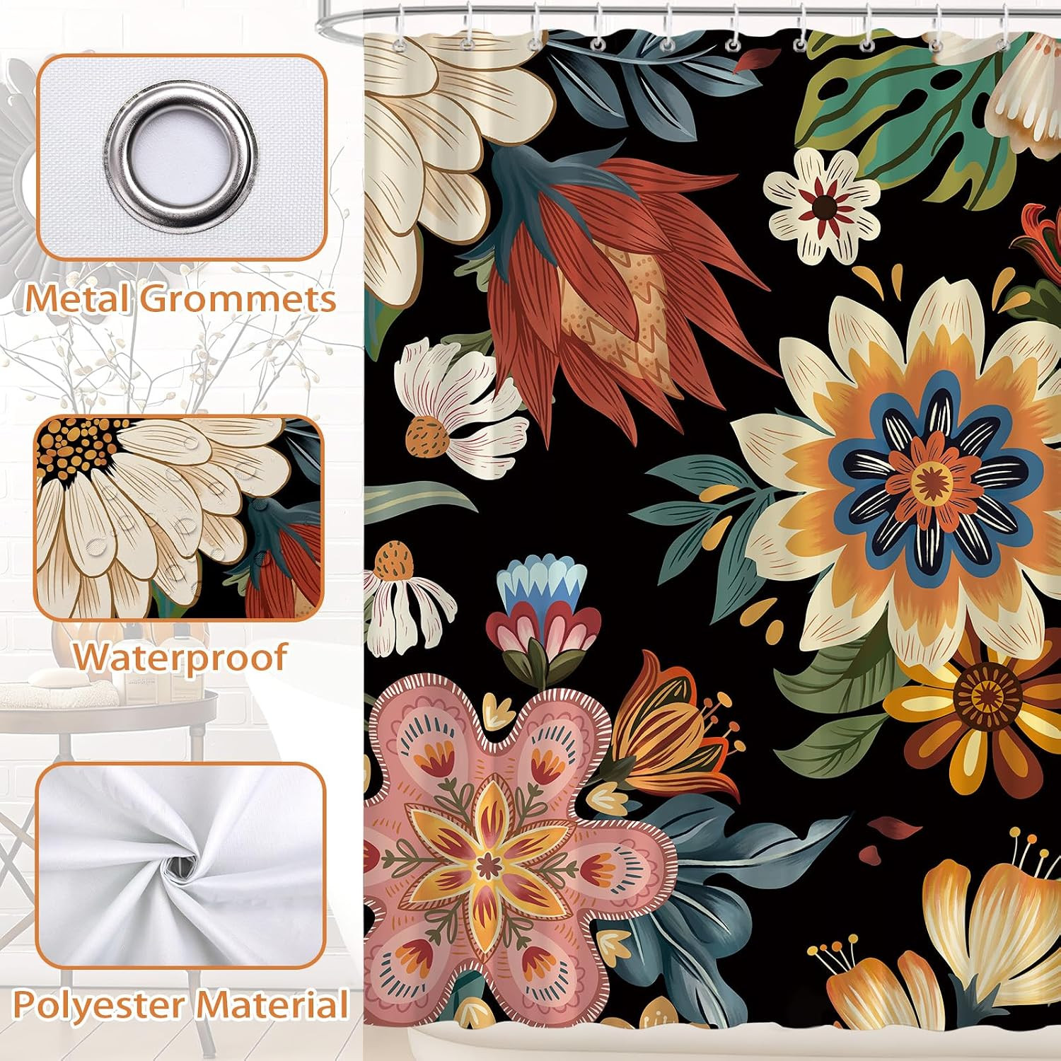 Custom Printed Bath Curtain — custom printed polyester bath curtain detail view