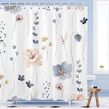 72x72 Inch Blue Beige Watercolor Floral Flower Plant Shower Curtain Set 12 Hooks — custom printed polyester bath curtain