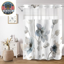 No Hook Shower Curtain and Liner Set, Blue and Grey Boho Floral Shower Curtains — custom printed polyester bath curtain