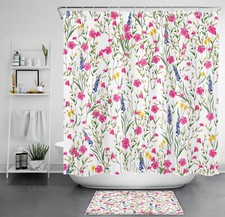 Rustic Green Leaf Pink and Blue Floral Shower Curtain Bathroom Accessories Set — custom printed polyester bath curtain