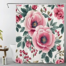 Garden Botanical Green Leaf Pink Floral Shower Curtain Set for Bathroom Decor — custom printed polyester bath curtain