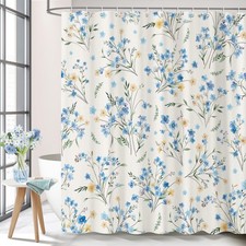 Blue Floral Shower Curtain Watercolor Yellow Wildflowers Waterproof 72x72 Inch — custom printed polyester bath curtain