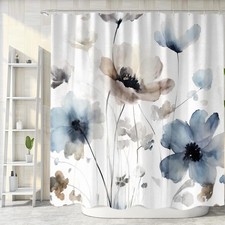 Boho Floral Shower Curtain, Cream Tan Beige Blue Grey White Flower Fabric Sho... — custom printed polyester bath curtain