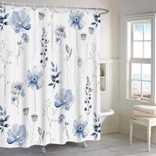 Blue Floral Shower Curtain Watercolor Elegant Leaves Bath Hooks 72x72 Inch — custom printed polyester bath curtain