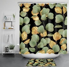 Nature Gold and Green Botanical Leaf Black Shower Curtain Set for Bathroom Decor — custom printed polyester bath curtain