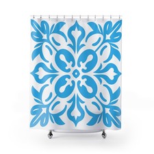 Blue Damask Shower Curtain | Floral Medallion Bathroom Decor — custom printed polyester bath curtain