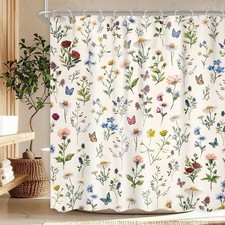 Vintage Floral Beige Wildflower Plant Herbs Bathroom Shower Curtain Set — custom printed polyester bath curtain