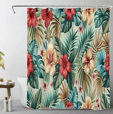 Summer Yellow Floral Palm Leaf Sage Green Shower Curtain Set for Bathroom Decor — custom printed polyester bath curtain