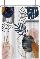 Boho Shower Curtain Mid Century Navy Blue Gold Plant Leaves Modern Abstract Mini — custom printed polyester bath curtain