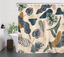 Mid Century Tropical Green Leaf Beige Shower Curtain Bathroom Accessories Set — custom printed polyester bath curtain