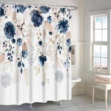 72x72 Inch Navy Blue Floral Shower Curtain Watercolor Abstract Waterproof Bath — custom printed polyester bath curtain