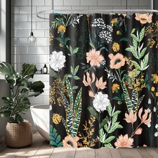 Black Boho Floral Shower Curtain, Pink Flower Tropical Leaves Plant Shower Cu... — custom printed polyester bath curtain