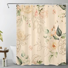 Country Green Leaf Pink Floral on Beige Shower Curtain Bathroom Accessories Set — custom printed polyester bath curtain