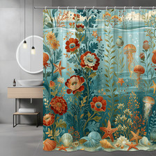 Ocean Floral Shower Curtain with Starfish and Jellyfish Print — custom printed polyester bath curtain