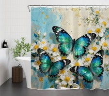 Spring Yellow Floral Blue Butterfly Shower Curtain Bathroom Accessories Set — custom printed polyester bath curtain