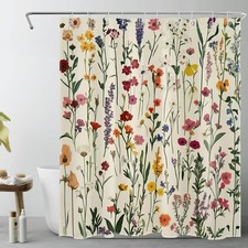 Vintage Green Botanical Red Floral Beige Shower Curtain Set for Bathroom Decor — custom printed polyester bath curtain