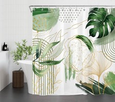 Green and Gold Leaf Mid Century Modern Shower Curtain Set for Bathroom Decor — custom printed polyester bath curtain