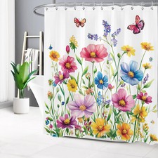 Watercolor Pink Butterfly Yellow Floral Shower Curtain Bathroom Accessories Set — custom printed polyester bath curtain