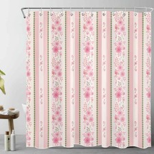 1 PCS Pink Striped Floral Shower Curtain Spring Plant Green 72x72 Inch Hooks — custom printed polyester bath curtain