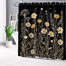 Rustic Vintage Yellow Wildflower on Black Shower Curtain Set for Bathroom Decor — custom printed polyester bath curtain
