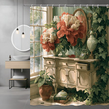 Floral Vanity Shower Curtain Green Ivy Vintage Room Decor — custom printed polyester bath curtain