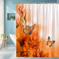 Orange Flower Butterfly Shower Curtain Bloom Nature Artistic Design — custom printed polyester bath curtain