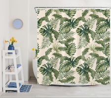 Jungle Green Tropical Leaf on Beige Shower Curtain Bathroom Accessories Set — custom printed polyester bath curtain