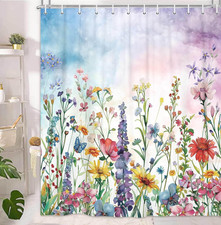 Farmhouse Rustic Boho Floral Shower Curtain, Colorful Watercolor Wildflower Flow — custom printed polyester bath curtain