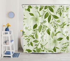 Sage Green Botanical Leaf White Wildflower Shower Curtain Set for Bathroom Decor — custom printed polyester bath curtain