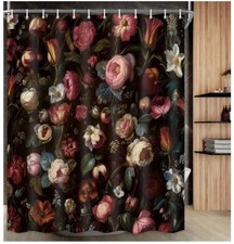 Black Boho Floral Shower Curtain C9 — custom printed polyester bath curtain