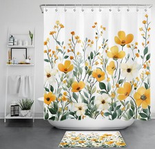 Garden Green Leaves Yellow Wildflower Shower Curtain Set for Bathroom Decor — custom printed polyester bath curtain